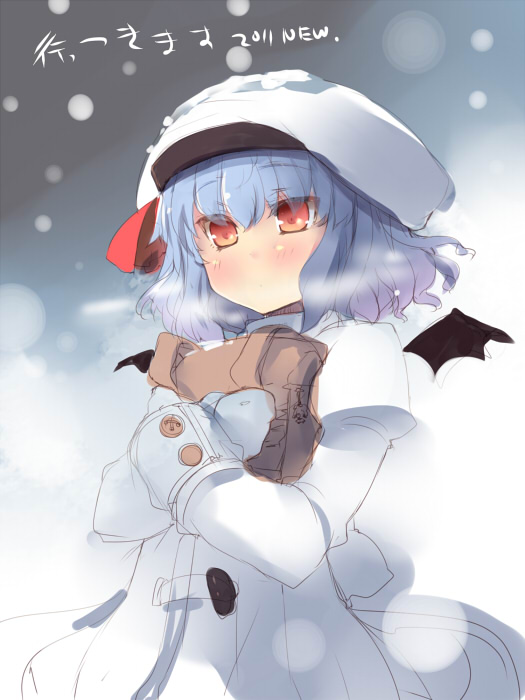 bat_wings blue_hair breath hat red_eyes remilia_scarlet scarf shin_(new) snowing solo touhou wings winter_clothes