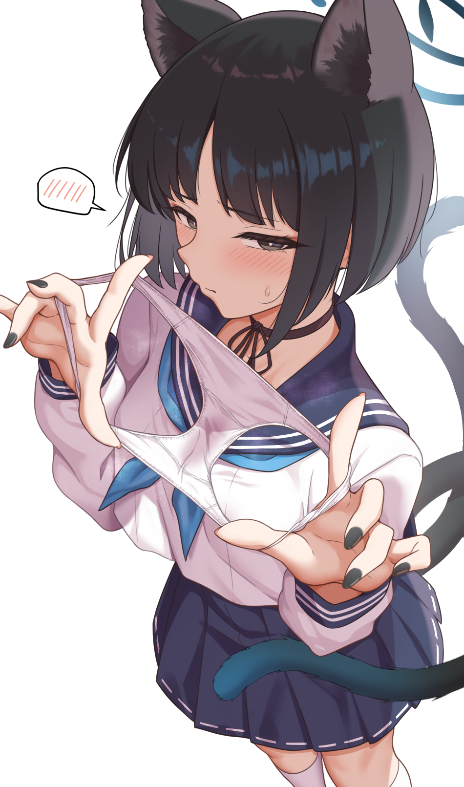 1girl animal_ears black_eyes black_hair black_nails black_sailor_collar black_skirt blue_archive blue_halo blue_neckerchief blush cat_ears cat_tail closed_mouth collar feet_out_of_frame fingernails halo highres holding holding_clothes holding_panties holding_underwear kikyou_(blue_archive) long_sleeves looking_at_viewer nail_polish neckerchief panties pleated_skirt pussy_juice_stain sailor_collar school_uniform serafuku short_hair skirt socks solo spoken_blush stain stained_panties tail two_side_up underwear white_socks yasojima_nejiro
