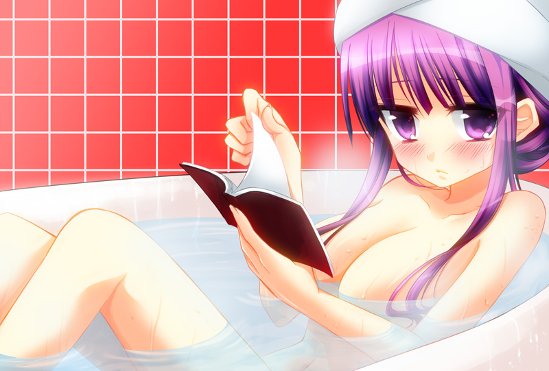 bad_id bad_pixiv_id bathing bathtub blush breasts cleavage hair_up large_breasts looking_at_viewer nude partially_submerged patchouli_knowledge purple_eyes purple_hair reading solo toronto_(yamu) touhou towel towel_on_head water wet