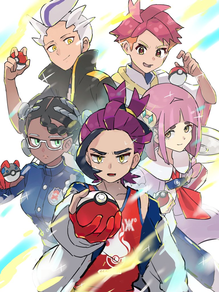 2girls 3boys amarys_(pokemon) arched_bangs black_hair black_jacket blue_gakuran braid buttons cardigan closed_mouth coat collared_shirt colored_inner_hair crispin_(pokemon) dark-skinned_female dark_skin drayton_(pokemon) frying_pan gakuran glasses gloves green_eyes grey_hair hair_ornament hairclip holding holding_frying_pan holding_poke_ball jacket kieran_(pokemon) lacey_(pokemon) long_sleeves mole mole_on_neck multicolored_hair multiple_boys multiple_girls neckerchief official_alternate_costume official_alternate_hairstyle open_cardigan open_clothes open_coat open_mouth orange_eyes orange_hair pink_coat pink_hair poke_ball poke_ball_(basic) pokemon pokemon_sv purple_hair red_gloves red_hair red_neckerchief red_tank_top school_uniform semi-rimless_eyewear shake_shark3 shirt short_hair single_glove smile spiked_hair tank_top white_hair white_jacket yellow_eyes yellow_neckerchief