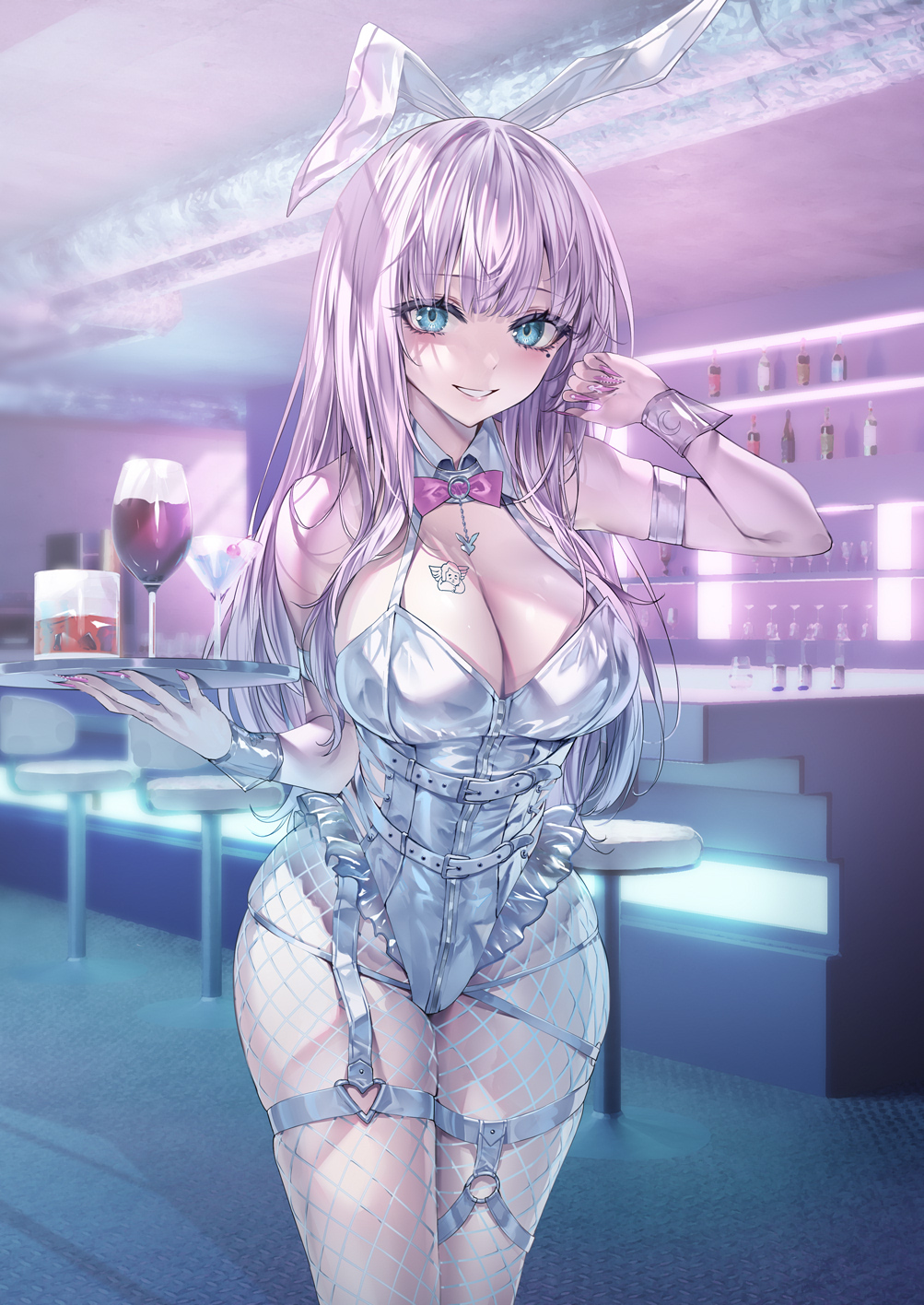 1girl alcohol animal_ears belt blue_eyes blush bow breasts cleavage cocktail cocktail_glass cup detached_collar drinking_glass fake_animal_ears fingernails fishnet_pantyhose fishnets grin heirou highres holding holding_tray indoors large_breasts leotard long_fingernails long_hair looking_at_viewer mole mole_under_eye nail_polish original pantyhose pink_bow pink_hair pink_nails rabbit_ears sharp_fingernails smile solo tray whiskey white_belt white_leotard wine wine_glass wrist_cuffs