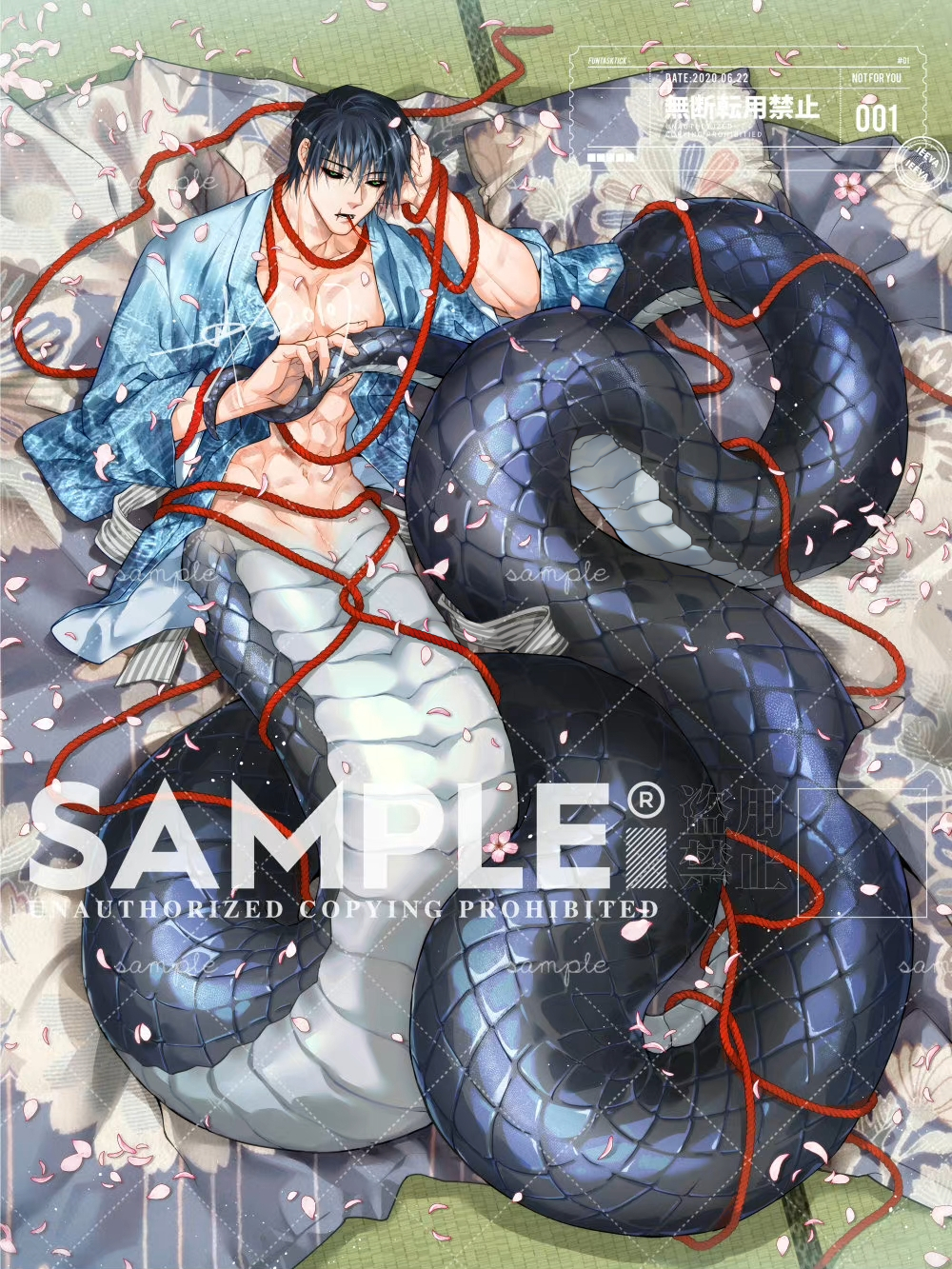 1boy abs arm_behind_head black_hair black_sclera blue_scales colored_sclera completely_nude fingernails floor forked_tongue full_body fushiguro_touji green_background green_eyes haori head_rest highres holding_own_tail japanese_clothes jujutsu_kaisen lamia_boy looking_at_viewer lying male_focus monster_boy monsterification multicolored_background nude on_back open_mouth petals red_rope rope sample_watermark sashiyu scales scar scar_on_face scar_on_mouth sharp_fingernails shibari short_hair solo tail toned toned_male tongue tongue_out watermark