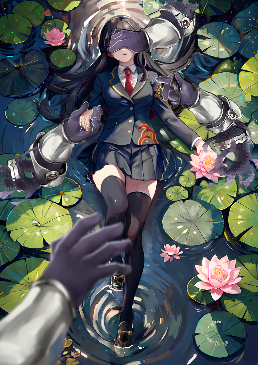 1girl afloat black_hair black_jacket black_thighhighs collared_shirt disembodied_limb flower hand_grab hand_over_another's_eyes highres jacket lily_(flower) lily_pad long_hair necktie pleated_skirt protagonist_2_(housamo) red_necktie ripples school_uniform shirt shiva_(housamo) skirt tass_commuovere telekinesis thighhighs tokyo_afterschool_summoners water_lily_flower white_shirt