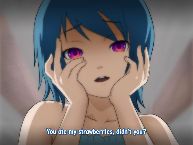 anime_coloring bare_shoulders blue_hair erkaz hands_on_own_cheeks hands_on_own_face mirai_nikki open_mouth parody portrait purple_eyes short_hair solo style_parody subtitled yandere yandere_trance