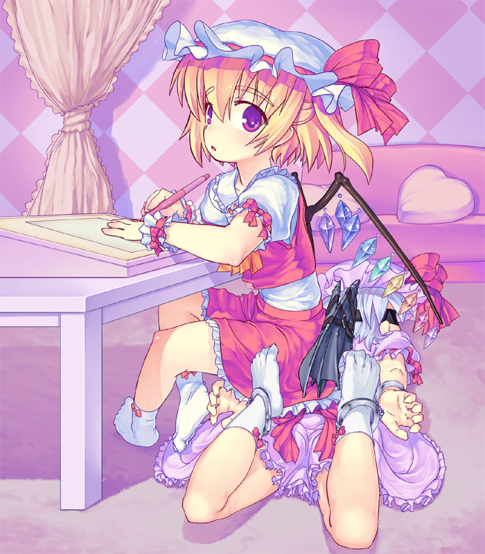 ascot bat_wings bdsm belt blindfold blonde_hair blouse blush bondage bound checkered child couch crossed_legs cuffed cuffs curtains flandre_scarlet floor frilled_skirt frills handcuffs hat hat_ribbon heart holding kawamura_tenmei lavender_hair legs_back legs_folded looking_at_viewer lying multiple_girls open_mouth paper pen pillow puffy_sleeves purple_eyes red_eyes remilia_scarlet restrained ribbon short_hair short_sleeves siblings side_ponytail sisters sitting sitting_on_person skirt skirt_set socks table tied_up touhou vest wall white_legwear wings wrist_cuffs