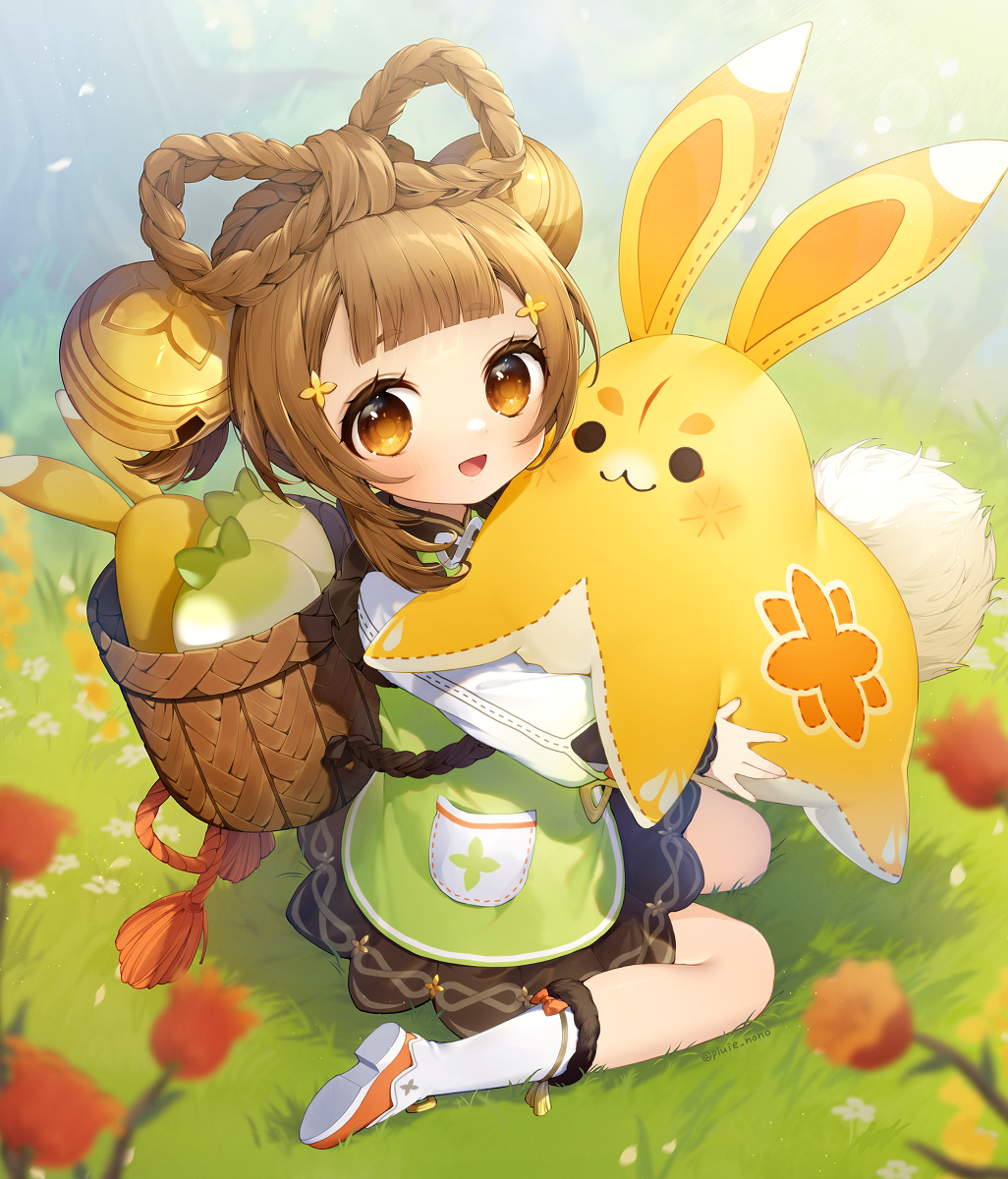 1girl :3 :d amenosaka_nono basket bell blunt_bangs blurry blurry_foreground blush boots bow bow-shaped_hair braid brown_dress brown_eyes brown_hair chili_pepper closed_mouth depth_of_field double-parted_bangs dress eyelashes flower fur-trimmed_boots fur_trim genshin_impact grass green_jacket hair_bell hair_ornament highres holding jacket jingle_bell jueyun_chili_pepper_(genshin_impact) long_sleeves looking_at_viewer looking_to_the_side on_grass open_mouth orange_bow plant pocket puffy_long_sleeves puffy_sleeves radish short_hair sidelocks sitting smile solid_circle_eyes solo tassel wariza white_flower white_footwear yaoyao_(genshin_impact) yuegui_(genshin_impact)
