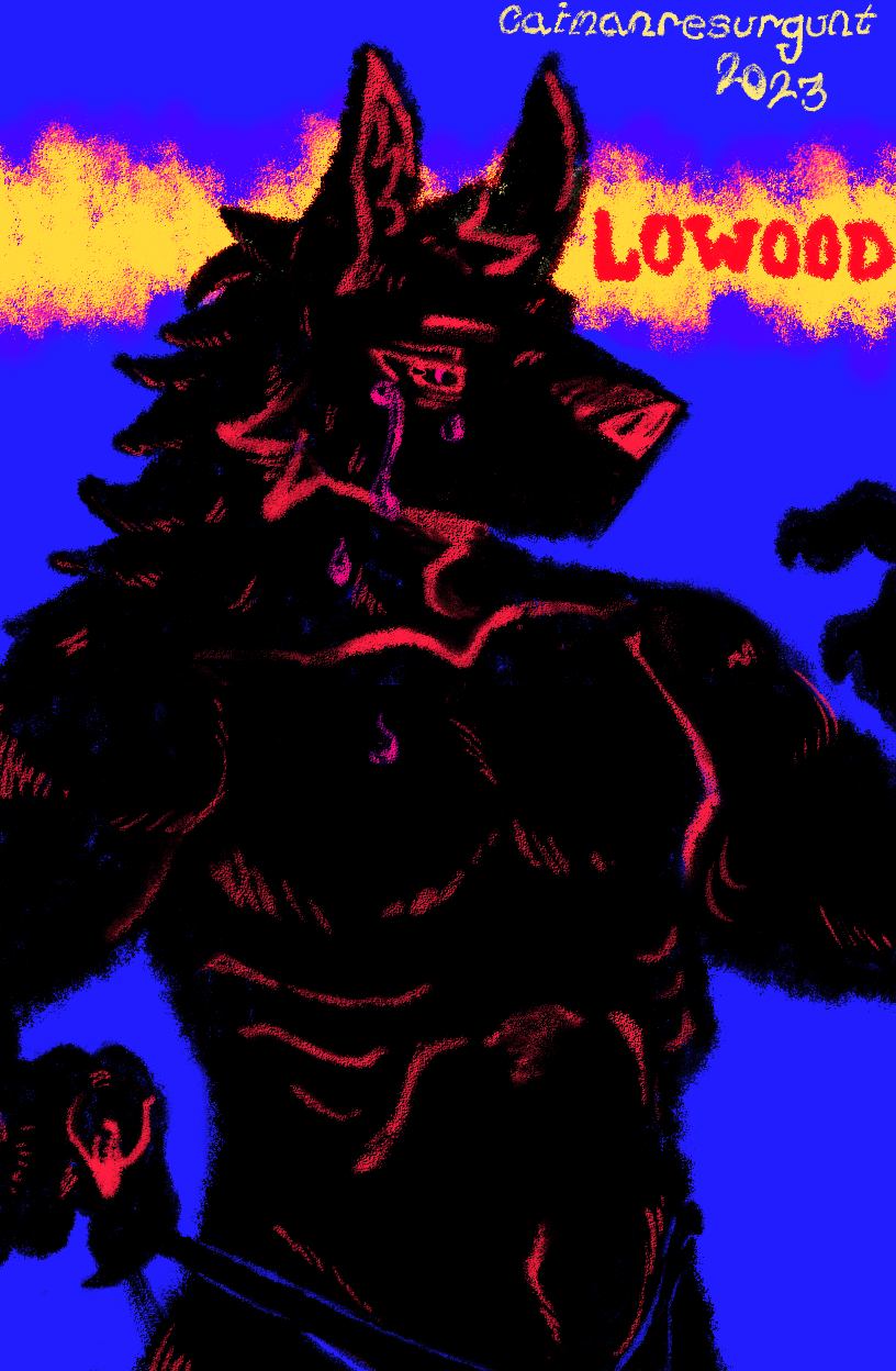 2023 anthro black_body bodily_fluids caimanresurgunt canid canine canis clawed_fingers claws clothed clothing collarbone crying ears_up fluffy gesture head_tuft hi_res lowood_tacey male mammal mouthless muscular muscular_male navel partially_clothed pecs pinup pointing pointing_at_self pose ribs signature simple_background simple_coloring solo tears text thong thong_straps tuft tugging_clothing underwear visible_ribs wolf