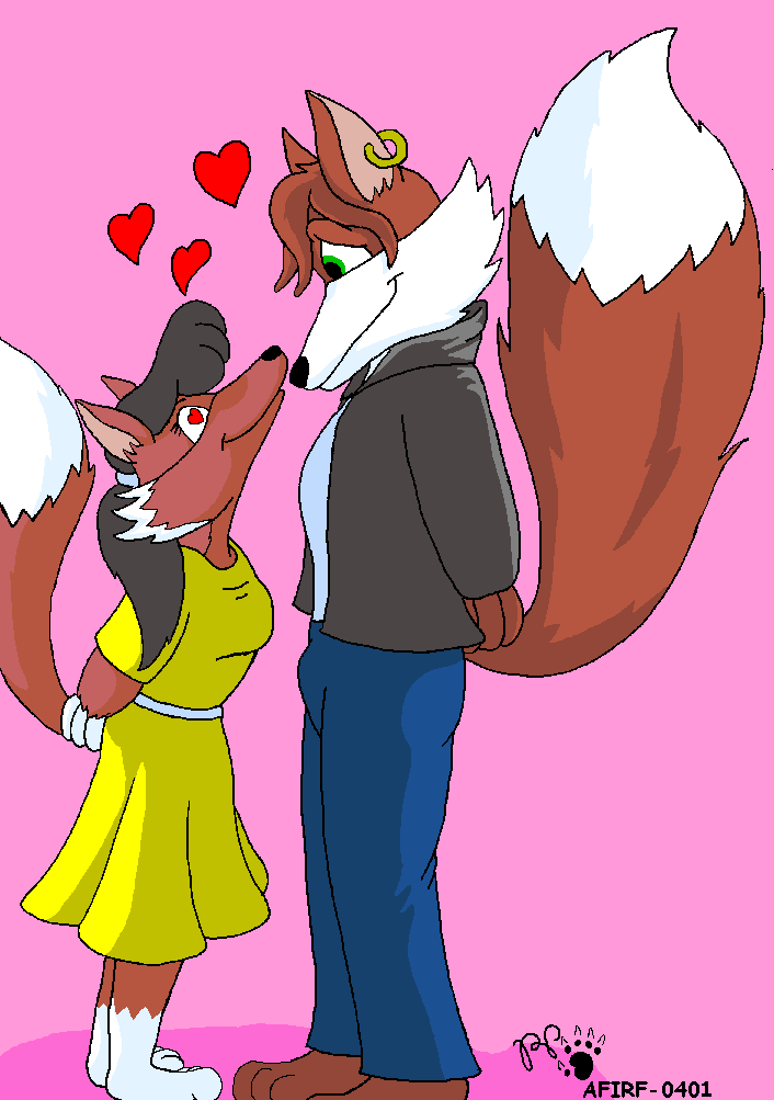 &lt;3 anthro black_hair bobbi_fox breasts brown_body brown_fur bulge canid canine cheek_tuft clothed clothing digital_media_(artwork) dipstick_tail dress duo facial_tuft female fox fur gloves_(marking) hair harley_(kthanid) herm_(lore) kthanid_(artist) leg_markings male male/female mammal markings pink_background rutwell_forest simple_background socks_(marking) tail tail_markings toony tuft