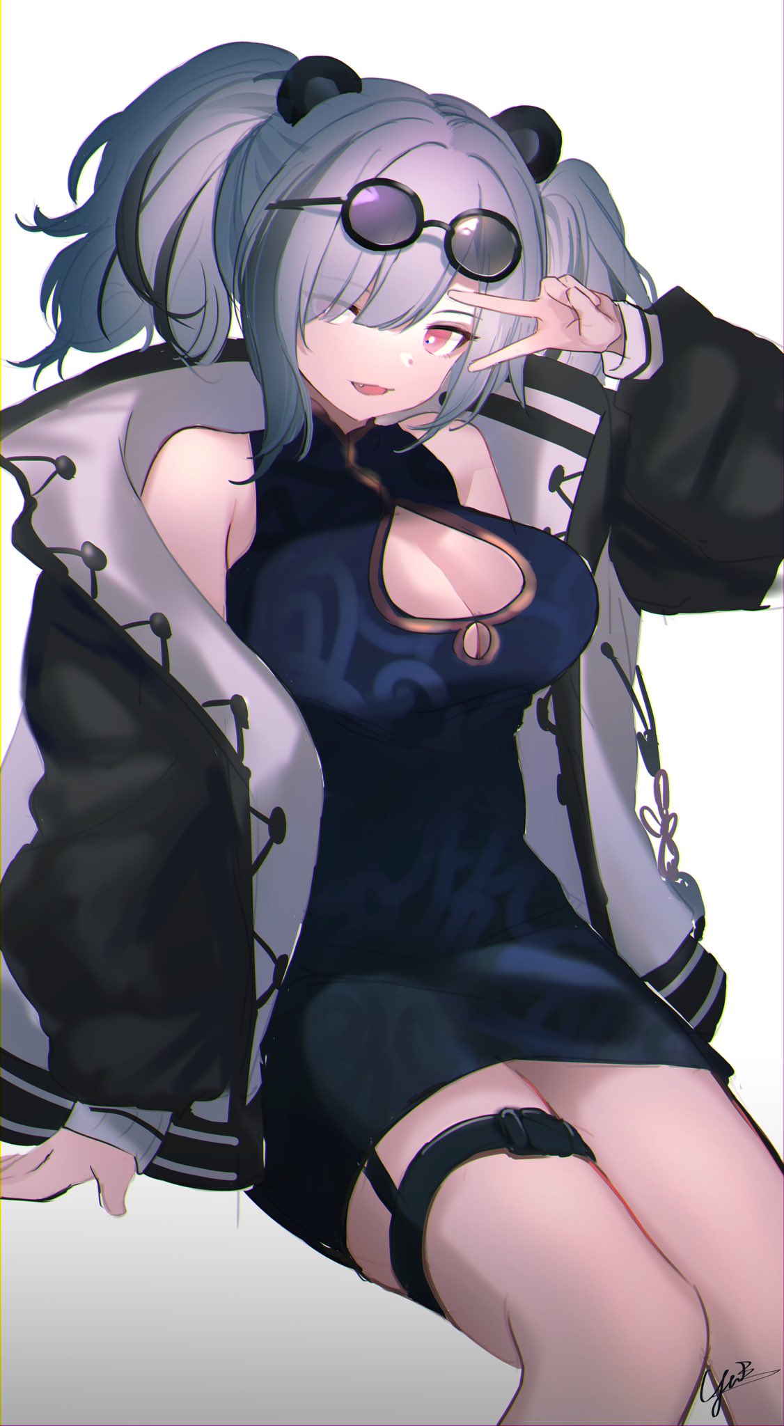 1girl :d animal_ears arknights bare_shoulders black_coat black_hair blue_dress blunt_bangs breasts china_dress chinese_clothes chromatic_aberration cleavage cleavage_cutout clothing_cutout coat dot_nose dress eyewear_on_head fang feater_(arknights) grey_hair hair_over_one_eye highres large_breasts long_sleeves looking_at_viewer multicolored_coat multicolored_hair off_shoulder panda_ears panda_girl purple-tinted_eyewear round_eyewear signature simple_background sitting smile solo streaked_hair sunglasses thigh_strap tinted_eyewear two-tone_coat two_side_up v v_over_eye white_background yunnasu
