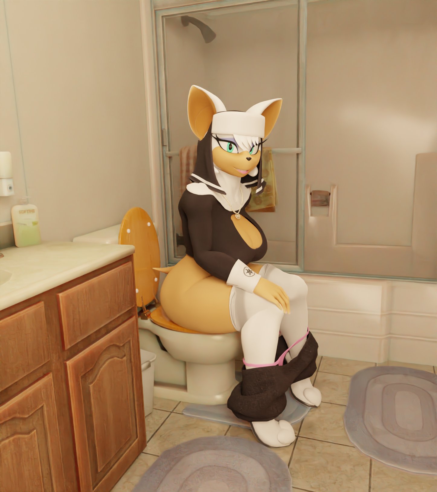 anthro bat bathroom bathroom-art_(artist) big_breasts boots bottomwear bottomwear_down breasts carpet clothed clothing feces female footwear fur furniture hair hi_res jewelry looking_at_viewer mammal mirror necklace nude nun_outfit panties panties_down partially_clothed rouge_the_bat scat sega shampoo_bottle shower skirt_down smile solo sonic_the_hedgehog_(series) table toilet topwear trash_can underwear underwear_down warfare_machine