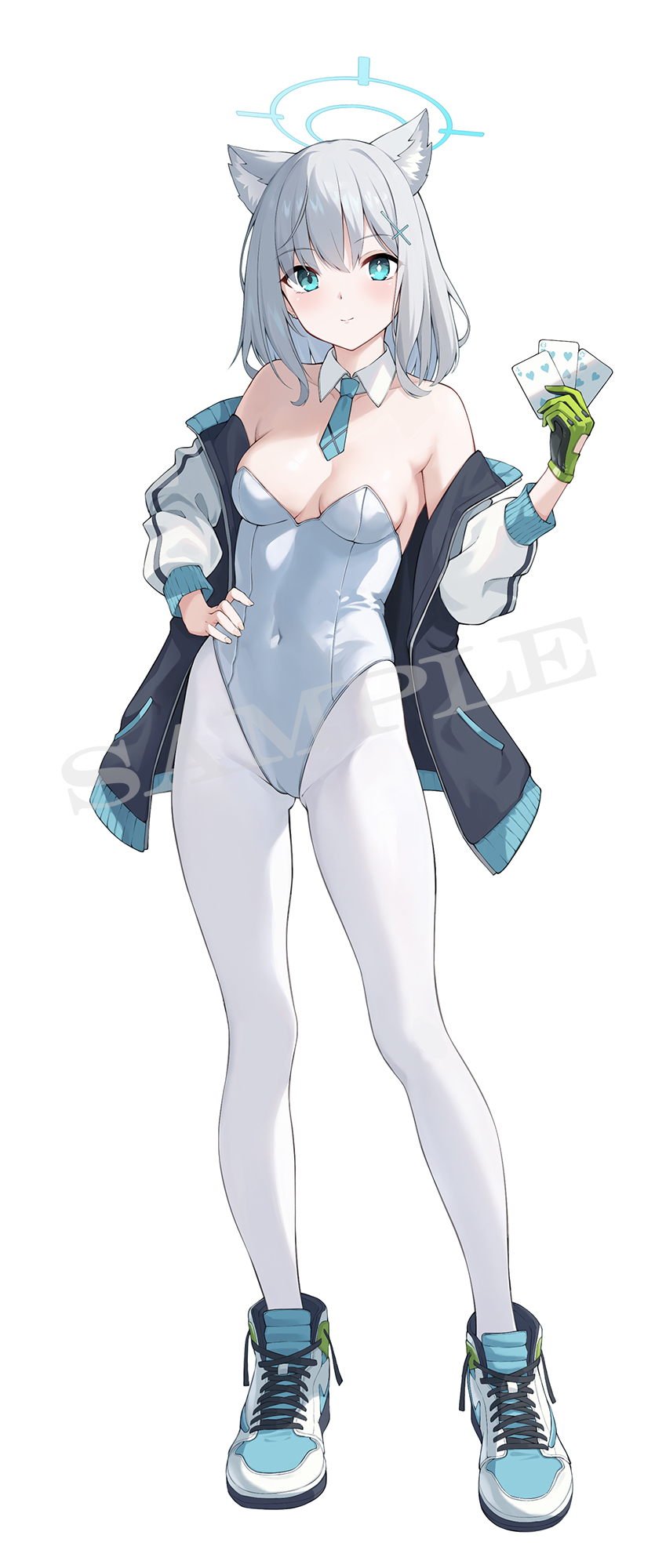 1girl alternate_costume animal_ear_fluff animal_ears bare_shoulders blue_archive blue_eyes blue_necktie breasts bright_pupils card cleavage closed_mouth collar covered_navel cross-laced_footwear detached_collar full_body gloves green_gloves grey_hair halo hand_on_own_hip highres holding holding_card jacket leotard long_sleeves looking_at_viewer medium_breasts medium_hair mismatched_pupils necktie off_shoulder open_clothes open_jacket pantyhose sagiri_(ulpha220) shiroko_(blue_archive) shoes simple_background single_glove smile solo standing white_background white_collar white_leotard white_pantyhose white_pupils wolf_ears