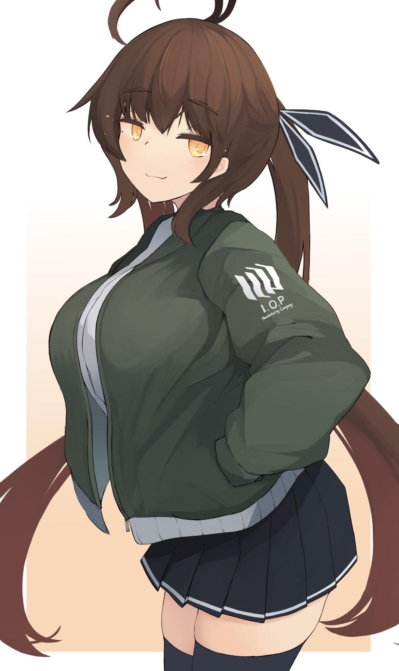 antenna_hair b6_(b6_n2) black_thighhighs blue_skirt border breasts brown_hair from_side girls'_frontline gradient_background green_jacket highres jacket large_breasts long_hair looking_at_viewer m14_(girls'_frontline) open_clothes open_jacket pleated_skirt shirt skirt smile thighhighs twintails white_border white_shirt yellow_eyes