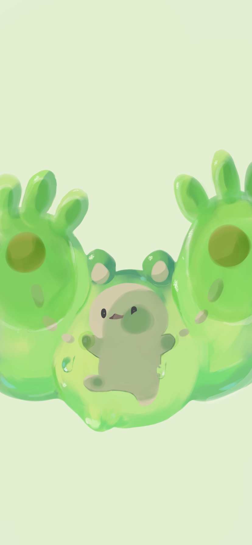 against_glass animal_focus cheek_press green_theme harumomo_(@harumomo123456) highres light_green_background no_humans pokemon pokemon_(creature) reuniclus slime_(substance) solid_oval_eyes solo