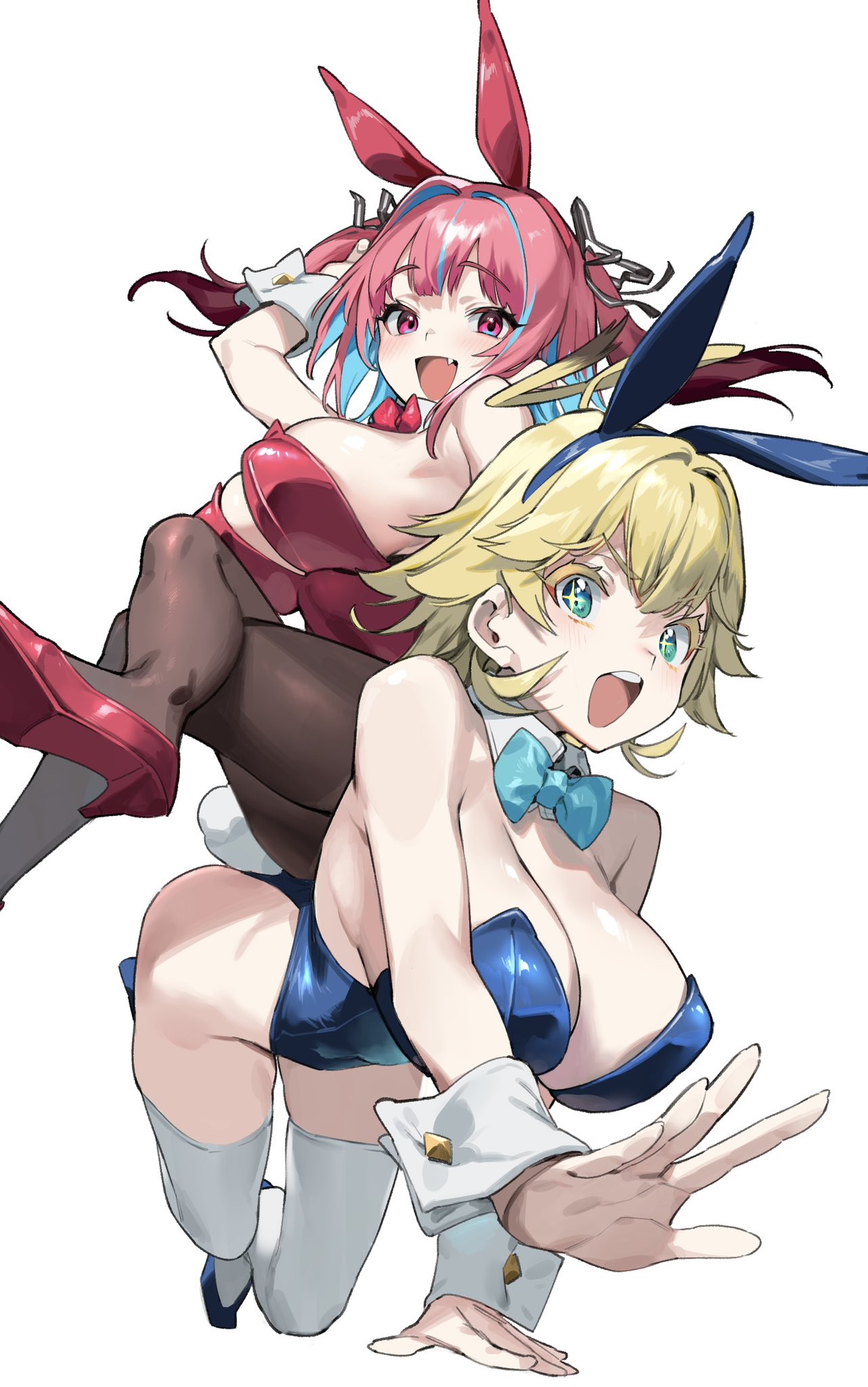 2girls angel_and_devil animal_ears aqua_bow aqua_bowtie blonde_hair blue_hair blue_hairband blue_leotard bow bowtie breasts brown_pantyhose detached_collar fake_animal_ears fake_tail fang green_eyes hair_ribbon hairband halo_ahoge high_heels highleg highleg_leotard highres jeanne_(kanan-sama) kanan-sama_wa_akumade_choroi kanan_(kanan-sama) large_breasts leotard light_blue_hair looking_at_viewer multiple_girls nonco official_art open_mouth pantyhose pink_eyes pink_hair playboy_bunny rabbit_ears rabbit_tail ribbon sparkling_eyes strapless strapless_leotard tail thighhighs twintails white_thighhighs white_wrist_cuffs wrist_cuffs