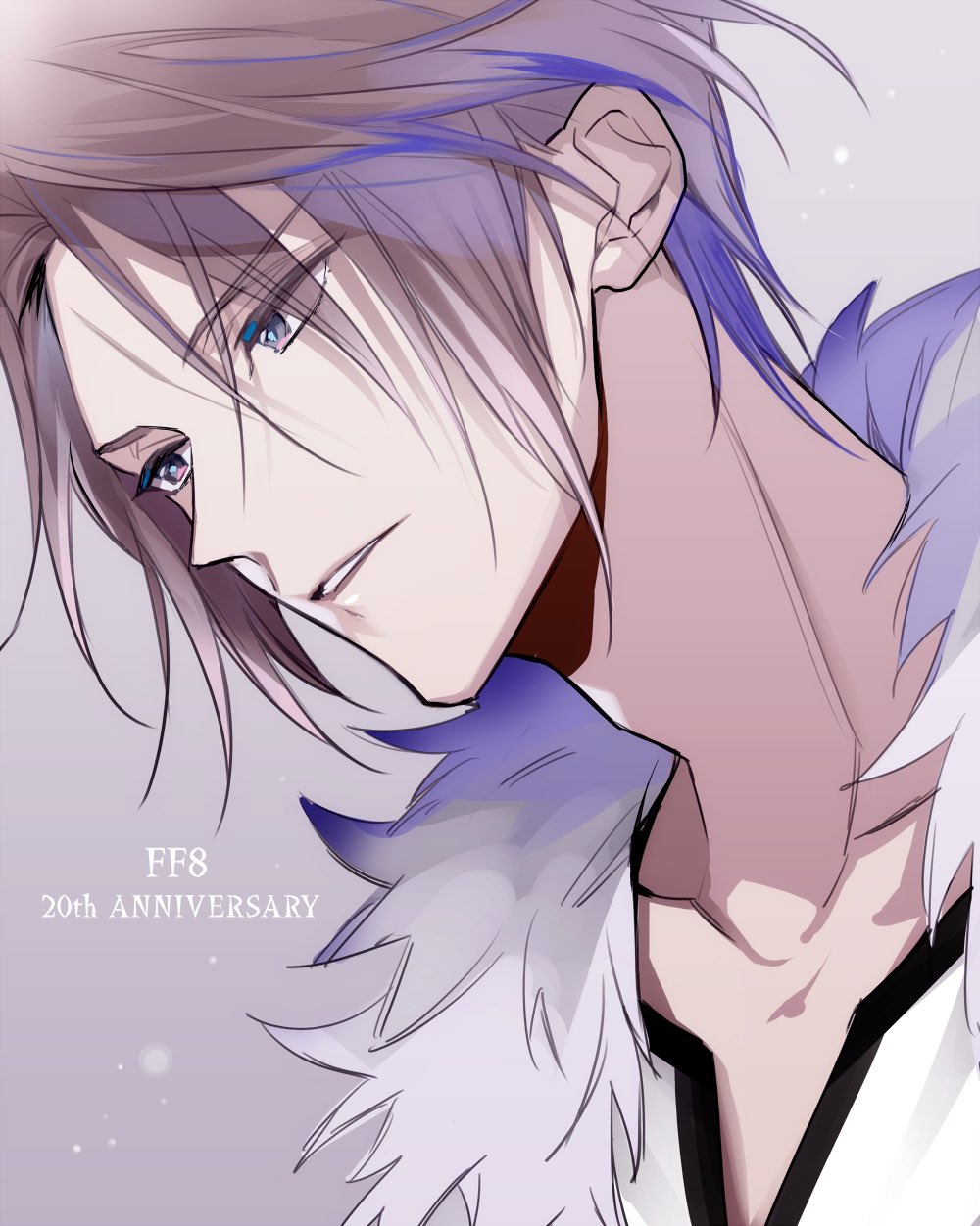 1boy anniversary blue_eyes brown_hair collarbone dutch_angle english_text expressionless final_fantasy final_fantasy_viii fur_trim futaba_hazuki grey_background hashtag_only_commentary highres light_particles male_focus parted_lips scar scar_on_face shirt short_hair simple_background solo squall_leonhart upper_body v-neck white_shirt
