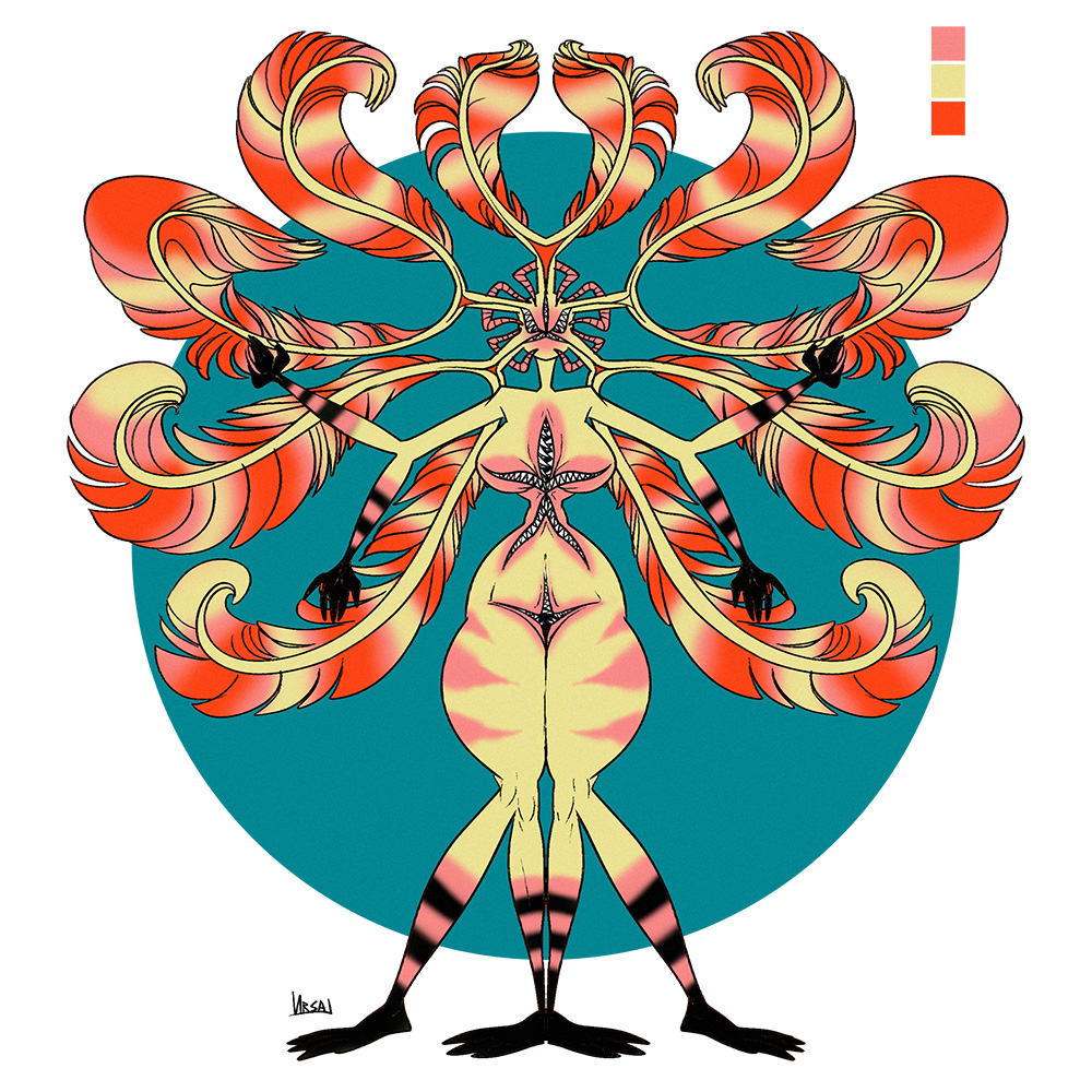 2018 3_toes 4_arms 4_fingers 4_legs abstract_background animal_humanoid big_breasts black_body black_stripes blue_background breasts chest_mouth color_swatch crinoid crinoid_humanoid crotch_mouth demon echinoderm echinoderm_humanoid evil_grin feathers female front_view full-length_portrait fused fused_arms fused_legs haifisch_ehrlich humanoid marine marine_humanoid markings monstrous_humanoid multi_arm multi_limb multi_mouth multicolored_body multicolored_feathers navel nightmare_fuel nipple_mouth nipples nude pink_body pink_markings pink_nipples pink_stripes portrait red_feathers sharp_teeth simple_background small_waist smile solo standing stomach_mouth striped_body stripes tan_body tan_feathers teeth tendrils tentacles thick_thighs toes two_tone_feathers white_background wide_hips