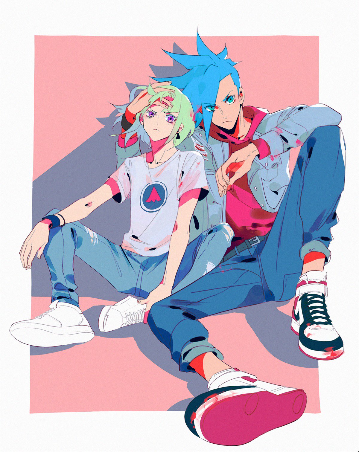 2boys arm_on_knee belt black_belt black_wristband blue_eyes blue_hair blue_jacket bracelet chenalii closed_mouth commentary couple denim earrings full_body galo_thymos green_hair hand_on_another's_head hand_on_own_leg highres hood hoodie jacket jeans jewelry lio_fotia looking_at_viewer mohawk multiple_boys open_clothes open_jacket pants pants_rolled_up pink_background pink_hoodie print_shirt promare purple_eyes raised_eyebrow shadow shirt shoes short_hair short_hair_with_long_locks side-by-side sidelocks simple_background single_earring sitting sneakers spiked_hair torn_clothes torn_jacket torn_jeans torn_pants triangle_earrings white_footwear white_shirt yaoi