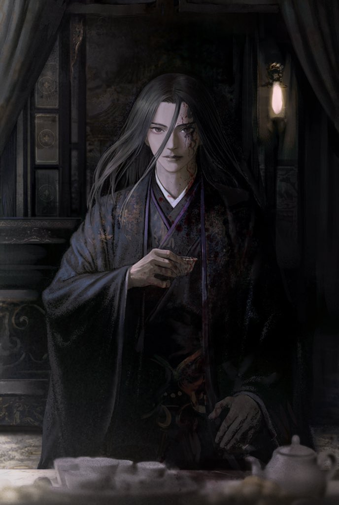 1boy black_eyes black_hair black_jacket black_robe black_sleeves blood blood_on_face carpet chinese_clothes commentary cup curtains english_commentary hair_between_eyes hand_on_lap hanfu holding holding_cup indoors jacket keonk light_bulb long_hair long_sleeves male_focus open_clothes open_jacket original realistic robe seiza sitting solo straight-on teacup teapot thick_eyebrows wide_sleeves window