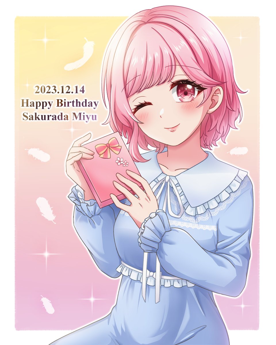 1girl ;) blue_dress blue_pajamas blush bow box commentary_request d4dj derder dress english_text feathers gift gift_box happy_birthday highres holding holding_gift looking_at_viewer one_eye_closed pajamas pink_eyes pink_hair sakurada_miyu short_hair smile solo white_feathers