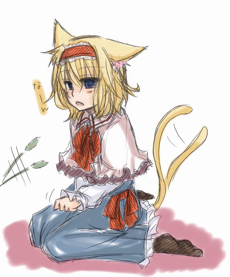 alice_margatroid animal_ears blonde_hair blue_dress blue_eyes capelet cat_ears cat_tail cat_teaser dress fang hairband kemonomimi_mode open_mouth sash short_hair simple_background sitting solo tail tail_wagging touhou white_background yuuta_(monochrome)