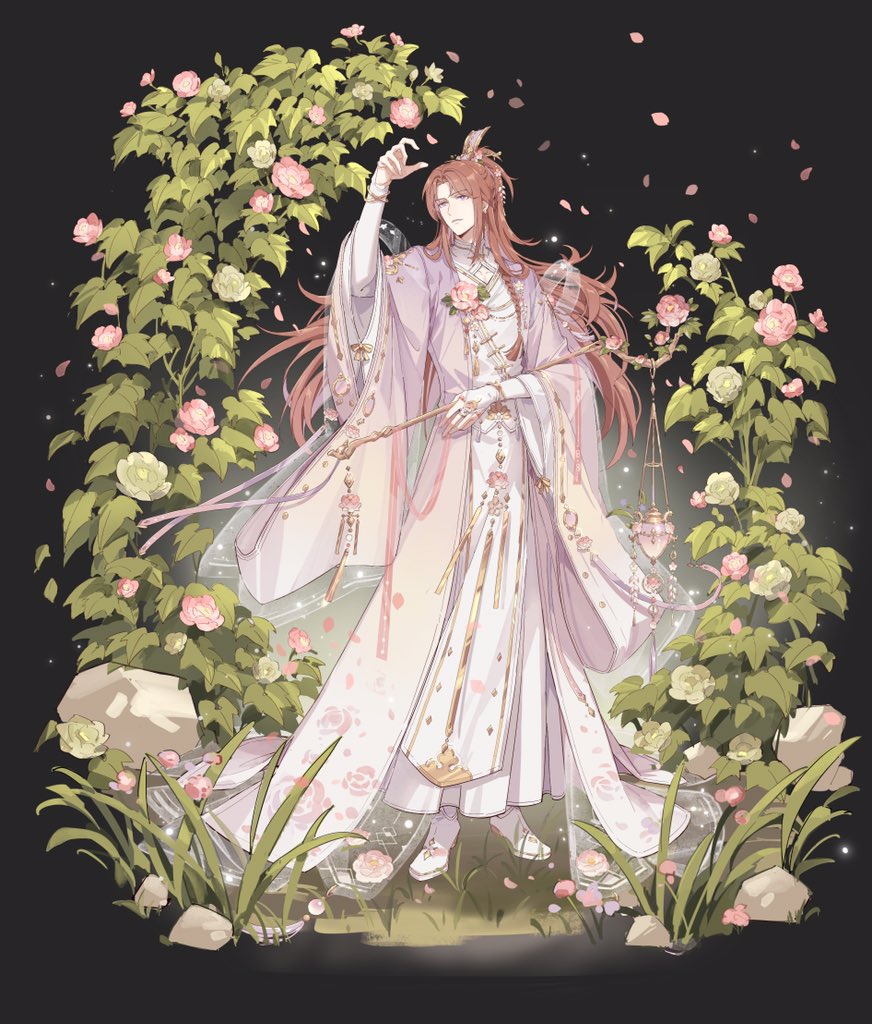 1boy bishounen black_background boots bracelet braid bridal_gauntlets chinese_clothes closed_mouth coat cotton_rose falling_petals floral_print flower flower_ornament full_body gold_trim grass hagoromo hair_flower hair_ornament hand_up hanfu holding holding_staff jewelry layered_sleeves loladestiny long_hair long_sleeves looking_at_flowers looking_to_the_side looking_up male_focus official_art parted_bangs petals pink_coat pink_flower pink_hair plant purple_eyes robe rock shawl side_braid solo staff standing tassel the_tale_of_food white_bridal_gauntlets white_flower white_footwear white_robe wide_ponytail wide_sleeves xiao_guan_(headdress) yaopei