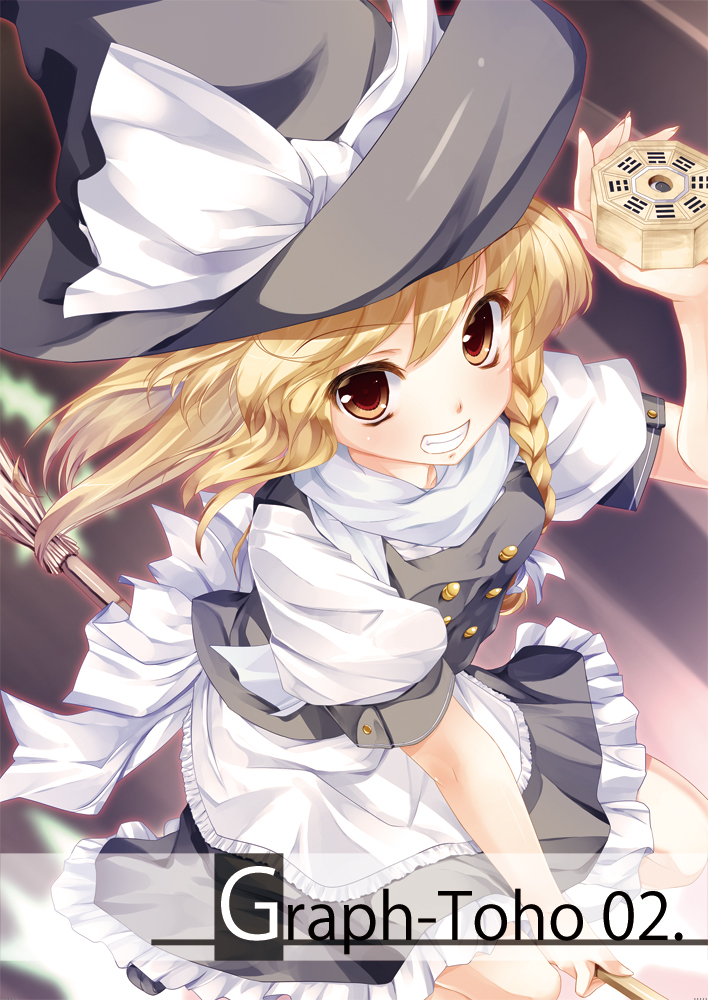 apron bad_id bad_pixiv_id blonde_hair bow braid broom broom_riding buttons grin hair_ribbon hat hat_bow hat_ribbon kirisame_marisa long_hair looking_at_viewer mini-hakkero ribbon rozea_(graphmelt) side_braid single_braid smile solo touhou white_bow witch_hat yellow_eyes