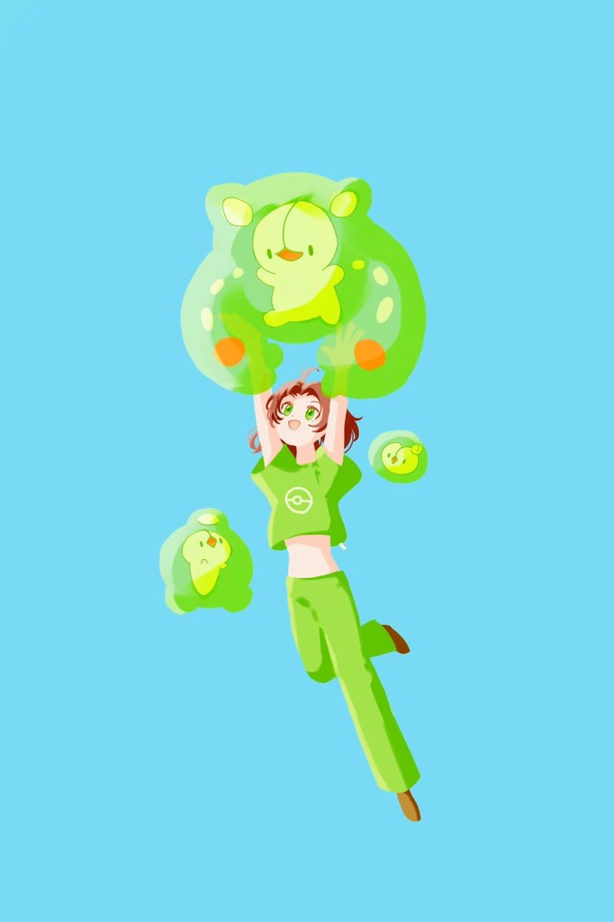 afloat brown_footwear duosion green_eyes green_pants green_shirt harumomo_(@harumomo123456) light_blue_background looking_up pants pokemon pokemon_(creature) reuniclus shirt solosis