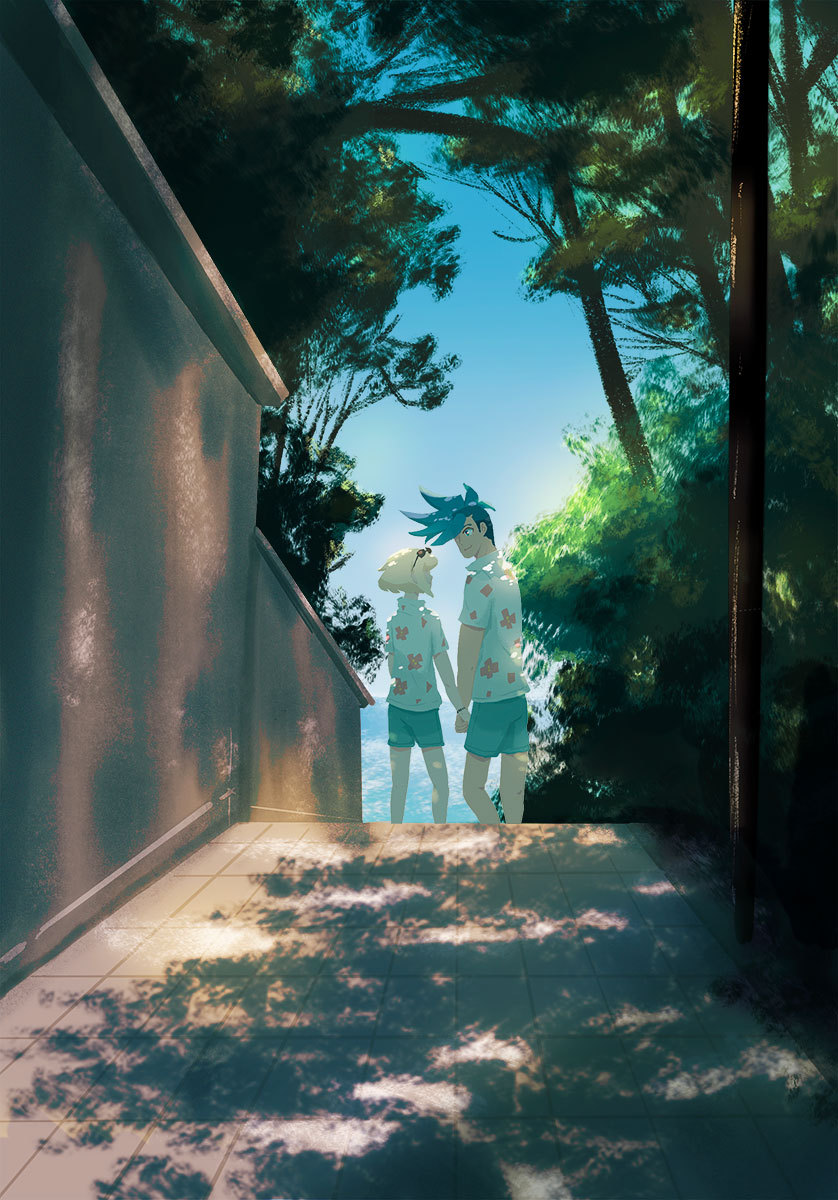 2boys back blue_eyes blue_hair blue_shorts bracelet couple dappled_sunlight day eyewear_on_head full_body galo_thymos green_hair height_difference highres holding_hands jewelry lio_fotia looking_at_another louscribbles male_focus matching_outfits mohawk multiple_boys ocean outdoors print_shirt promare shirt short_hair short_hair_with_long_locks shorts sidelocks smile spiked_hair sunlight tree tree_shade white_shirt yaoi