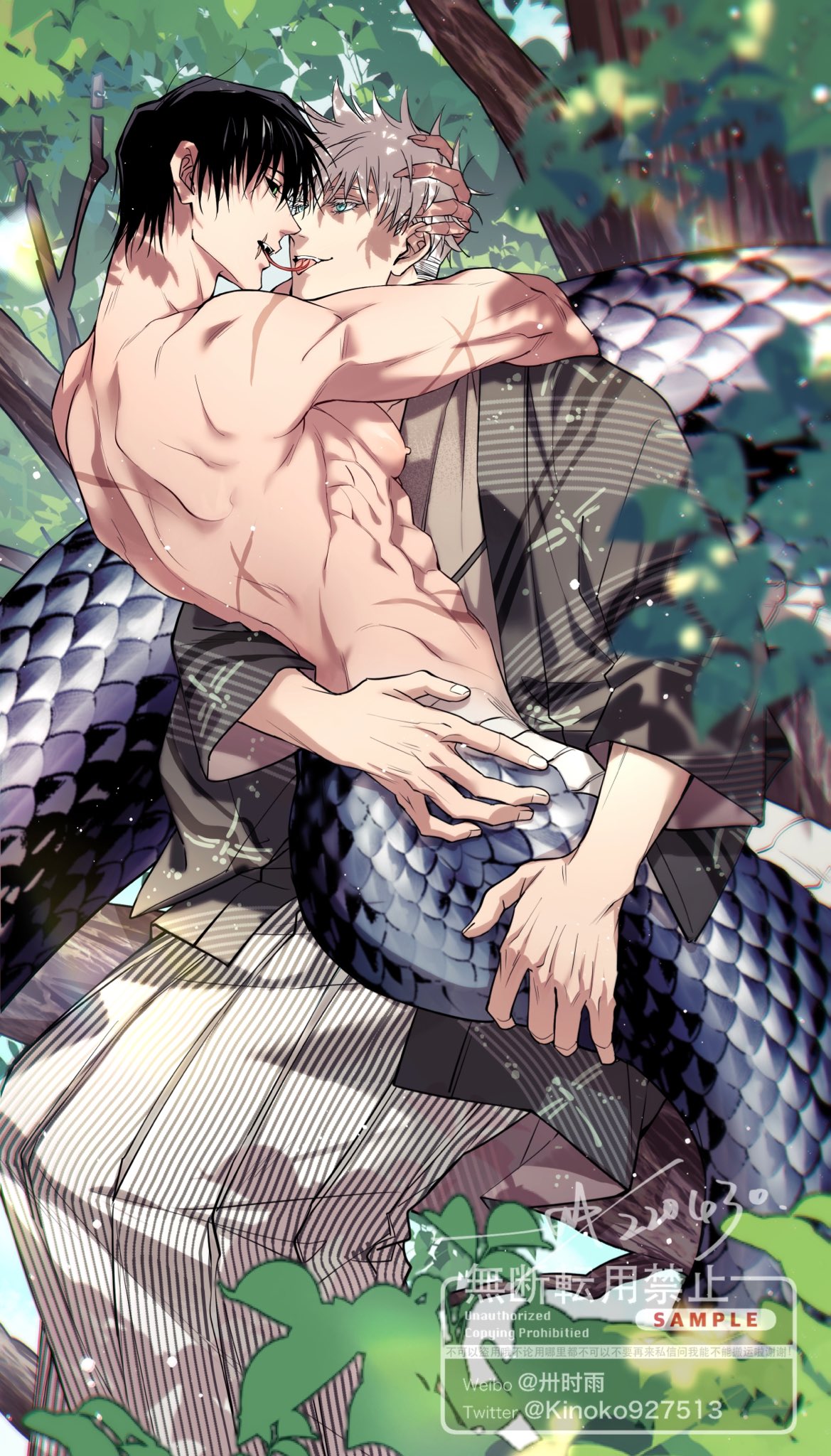 2boys abs black_hair black_sclera blue_eyes blue_scales brown_kimono carrying colored_eyelashes colored_sclera completely_nude dated feet_out_of_frame forked_tongue fushiguro_touji gojou_satoru green_background green_eyes highres in_tree japanese_clothes jujutsu_kaisen kimono lamia_boy leaf long_sleeves looking_at_another male_focus monster_boy monsterification multiple_boys nipples nude open_mouth outdoors princess_carry sample_watermark sashiyu scales scar scar_on_arm scar_on_back scar_on_face scar_on_mouth scar_on_shoulder scar_on_stomach short_hair signature sitting sitting_in_tree toned toned_male tongue tongue_out tree twitter_username watermark weibo_username white_hair wide_sleeves yaoi