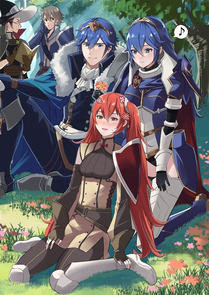 2girls 3boys ameno_(a_meno0) armor armored_leotard blue_hair blush cape chrom_(crowned_exalt)_(fire_emblem) chrom_(fire_emblem) father_and_daughter fire_emblem fire_emblem_awakening fire_emblem_heroes flower fur_trim glasses grass hair_flower hair_ornament hat inigo_(fire_emblem) laurent_(fire_emblem) long_hair looking_at_another lucina_(fate's_resolve)_(fire_emblem) lucina_(fire_emblem) multiple_boys multiple_girls musical_note official_alternate_costume outdoors red_hair shoulder_armor sitting smile spoken_musical_note tiara twintails wizard_hat