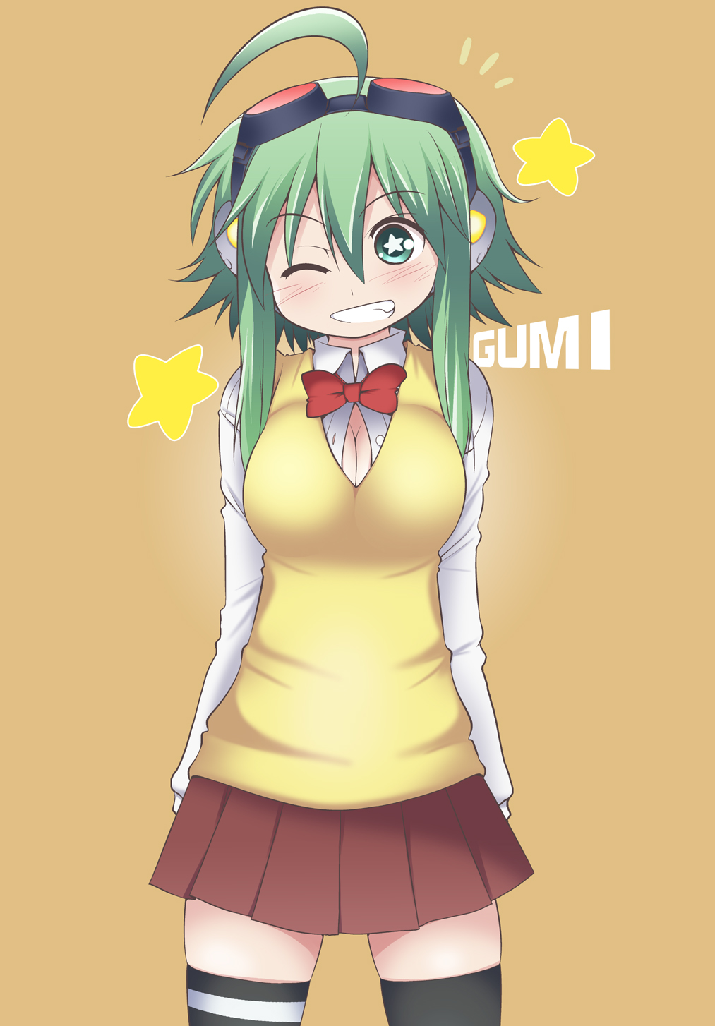 ahoge bad_id bad_pixiv_id bow breasts celebi_ryousangata cleavage goggles goggles_on_head green_hair grin gumi headphones highres large_breasts mikumikudance mismatched_legwear one_eye_closed school_uniform short_hair short_hair_with_long_locks sidelocks skirt smile solo star star-shaped_pupils symbol-shaped_pupils thighhighs vocaloid zettai_ryouiki