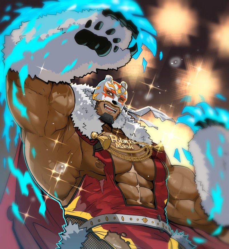 abs bara bare_pectorals bear_mask bear_paws biceps bodysuit brown_eyes cowboy_shot cryokinesis dark-skinned_male dark_skin facial_hair fishnet_cutout goatee large_hands large_pectorals live_a_hero looking_at_viewer male_focus mask mature_male muscular muscular_male mustache_stubble nipples one_eye_closed outstretched_arms pectorals polaris_mask_(live_a_hero) rybiok singlet smile sparkling_aura spread_arms thick_arms torn_bodysuit torn_clothes wrestling_mask wrestling_outfit