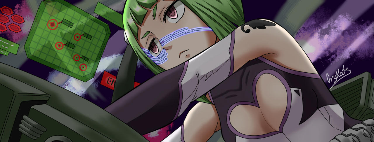 breasts cleavage_cutout clothing_cutout colorized eden's_zero green_hair kleene_(eden's_zero) non-web_source red_eyes short_hair small_breasts