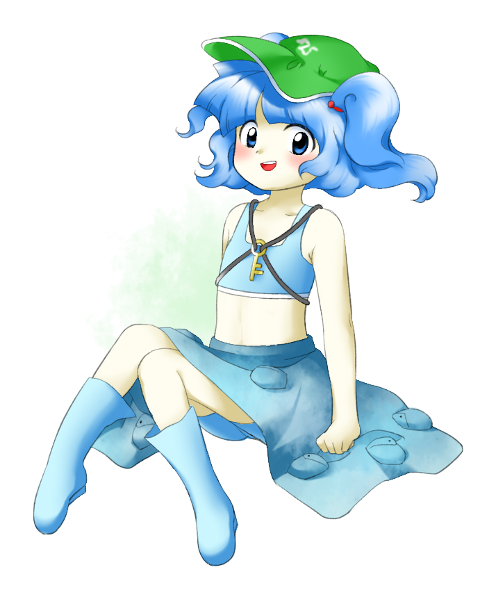 1girl blue_eyes blue_footwear blue_hair blue_skirt boots flat_chest full_body green_headwear hat kawashiro_nitori key nonamejd official_style short_hair sitting skirt solo touhou two_side_up zun_(style)