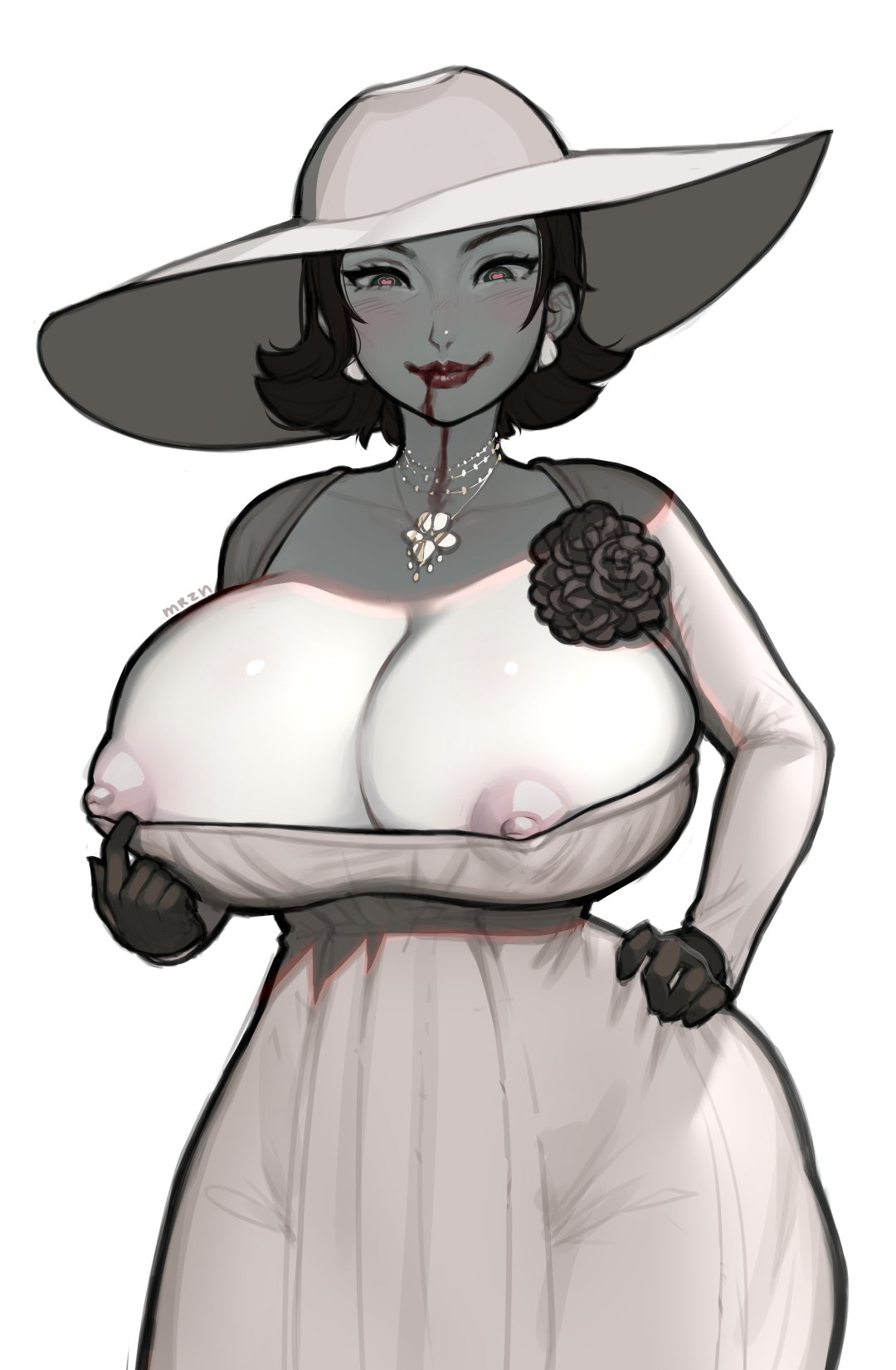 1girl alcina_dimitrescu black_flower black_gloves black_hair black_rose blood blood_on_face blush breasts cleavage closed_mouth clothes_pull dress dress_pull earrings flower gloves hand_on_own_hip hat heart heart-shaped_pupils highres huge_breasts jewelry lips lipstick long_sleeves looking_at_viewer makeup mariezone necklace nipples pale_skin pulled_by_self red_lips resident_evil resident_evil_village rose shade short_hair simple_background smile solo sun_hat symbol-shaped_pupils white_background white_dress white_headwear