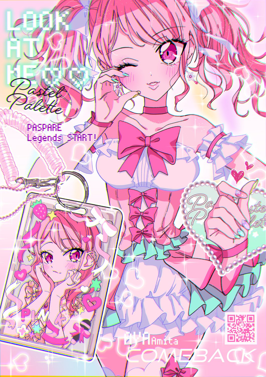 1girl ;o bang_dream! bare_shoulders blush bow choker dress earrings english_text finger_heart fingernails food fruit hair_bow hair_ribbon hands_on_own_cheeks hands_on_own_face heart highres idol_clothes jewelry keyring looking_at_viewer maruyama_aya microphone nail_polish one_eye_closed pastel_colors pink_bow pink_choker pink_dress pink_eyes pink_hair pink_ribbon pixelated qr_code ribbon sodapop_(iemaki) solo sparkle strawberry twintails white_bow white_dress zettai_ryouiki