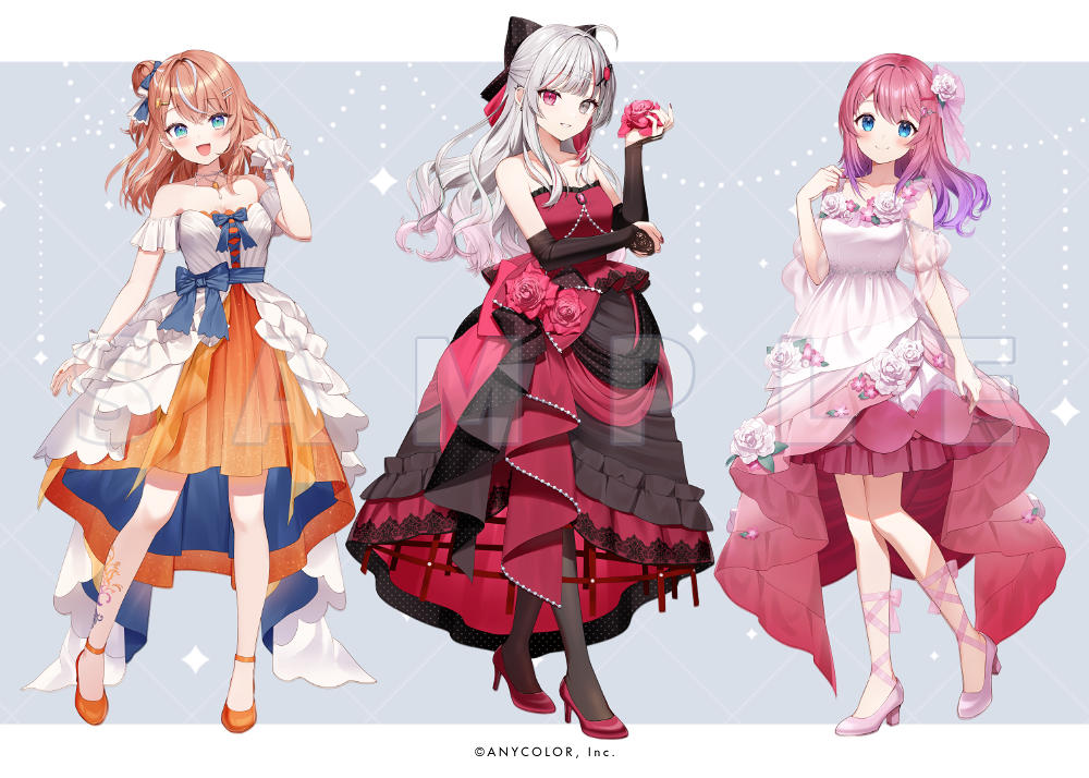 3girls black_bow black_bridal_gauntlets black_pantyhose blonde_hair blue_eyes blush bow dress gradient_hair grey_eyes grey_hair hair_bow heterochromia igarashi_rika ishigami_nozomi jewelry layered_dress long_hair momoshiki_tsubaki multicolored_clothes multicolored_dress multicolored_hair multiple_girls necklace nijisanji official_art orange_dress orange_footwear pantyhose pink_eyes pink_footwear pink_hair purple_hair red_dress red_footwear sample_watermark smile sophia_valentine streaked_hair virtual_youtuber watermark white_dress wrist_cuffs