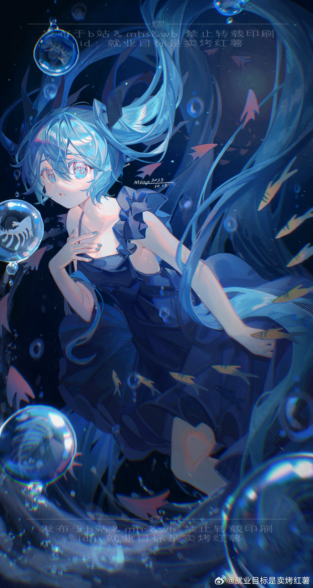 1girl bare_arms black_background black_bow black_dress blue_eyes blue_hair blue_nails bow bubble chinese_commentary chinese_text collarbone colored_eyelashes commentary_request dress feet_out_of_frame fish floating_hair frilled_dress frills hair_bow hand_on_own_chest hatsune_miku highres jiuye_mubiao_shi_mai_kao_hongshu long_hair looking_at_viewer nail_polish parted_lips shinkai_shoujo_(vocaloid) short_dress sleeveless sleeveless_dress solo spaghetti_strap twintails underwater very_long_hair vocaloid watermark weibo_logo weibo_username