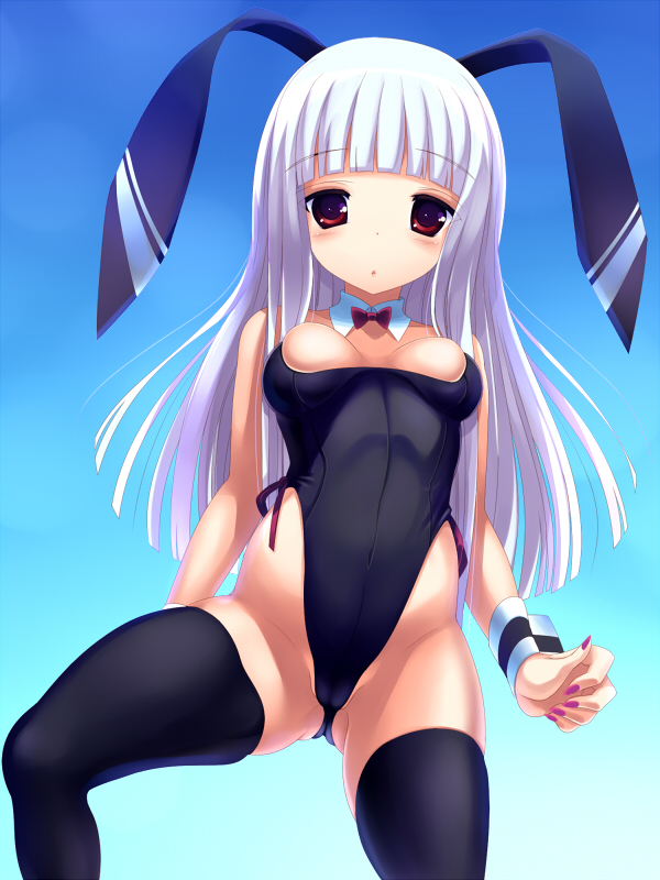 bangs blunt_bangs breasts bunnysuit cameltoe cleavage detached_collar from_below medium_breasts nail_polish original red_eyes silver_hair solo sora_to_umi thighhighs wrist_cuffs