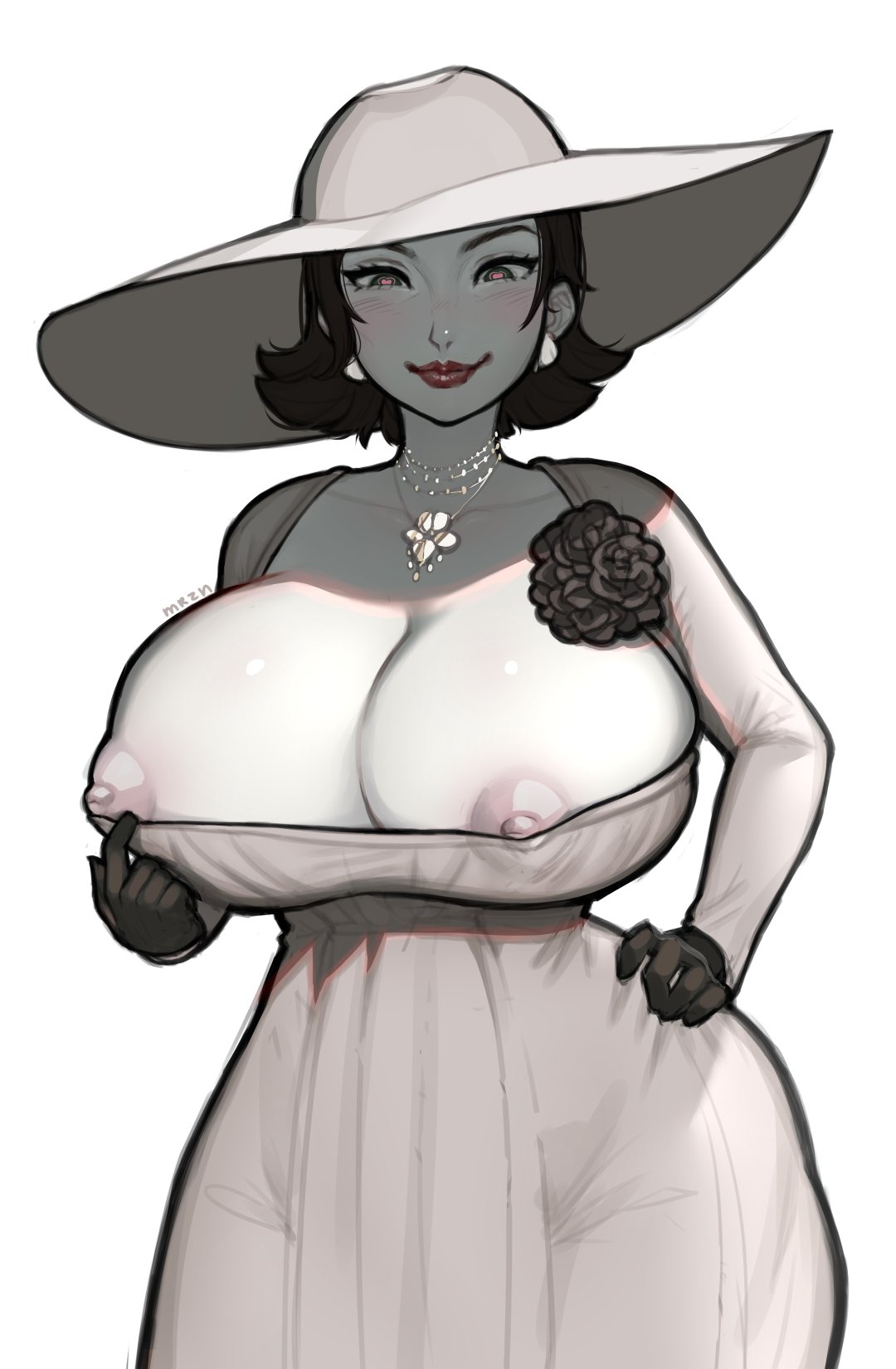 1girl alcina_dimitrescu black_flower black_gloves black_hair black_rose blush breasts cleavage closed_mouth clothes_pull dress dress_pull earrings flower gloves hand_on_own_hip hat heart heart-shaped_pupils highres huge_breasts jewelry lips lipstick long_sleeves looking_at_viewer makeup mariezone necklace nipples pale_skin pulled_by_self red_lips resident_evil resident_evil_village rose shade short_hair simple_background smile solo sun_hat symbol-shaped_pupils white_background white_dress white_headwear