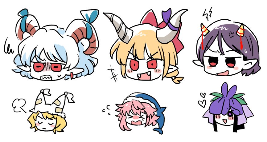 &gt;_&lt; 6+girls anger_vein angry animal_ears animal_hat black_hair black_sclera blonde_hair blush bow closed_eyes closed_mouth colored_sclera cone_horns fangs flower flower_on_head flying_sweatdrops fox_ears hair_bow hat head_only heart heart-shaped_pupils horizontal_pupils horn_ornament horn_ribbon horns ibuki_suika laughing long_hair multiple_girls nippaku_zanmu okunoda_miyoi oni open_mouth orange_hair pink_hair pointy_ears purple_flower re_ghotion rectangular_pupils red_bow red_eyes ribbon sharp_teeth sheep_horns short_hair simple_background smile sweatdrop symbol-shaped_pupils tears teeth touhou toutetsu_yuuma whale_hat white_background yakumo_ran yomotsu_hisami