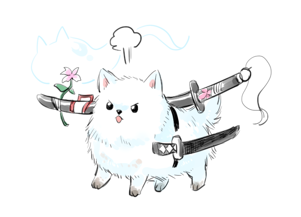 animalization dog flower hitodama katana konpaku_youmu konpaku_youmu_(ghost) pink_flower re_ghotion sheath sheathed simple_background sword touhou weapon white_background white_dog