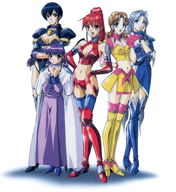 1990s_(style) 5girls arms_behind_back black_eyes black_hair blue_eyes blue_footwear boots breasts brown_hair cleavage dennou_sentai_voogie's_angel dress fingerless_gloves gloves green_eyes hand_on_own_cheek hand_on_own_face high_heels high_ponytail long_hair looking_at_viewer marrybel_candy_stwert midi_the_girl multiple_girls navel non-web_source official_art open_mouth puffy_sleeves purple_dress purple_hair rebecca_sweet_hawzen red_eyes red_footwear red_hair retro_artstyle shiny_clothes short_hair simple_background standing tachibana_shiori thigh_boots voogie white_background yellow_footwear