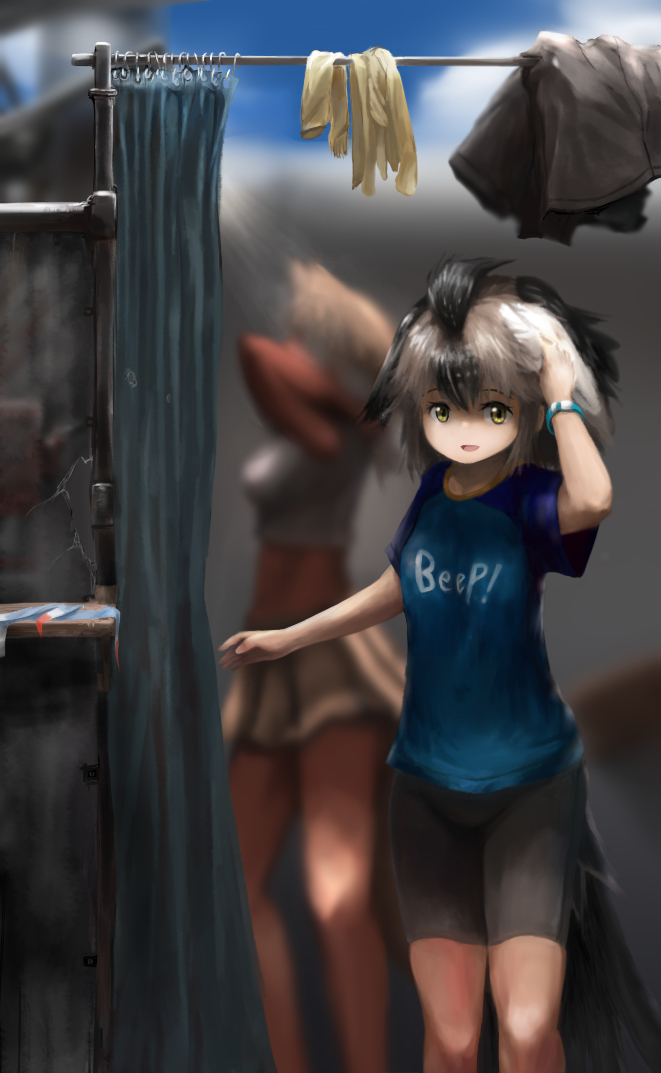 2girls :d animal_ears arm_up bangs bare_arms bare_legs bike_shorts bird_tail black_hair blurry blurry_background clothes_writing commentary_request cowboy_shot coyote_(kemono_friends) coyote_ears crop_top dark_skin day drying drying_hair ghost_(reaperghost) greater_roadrunner_(kemono_friends) grey_hair hair_between_eyes hand_on_own_head hand_up jacket jacket_removed kemono_friends light_brown_hair long_hair looking_at_viewer medium_hair midriff multicolored_hair multiple_girls open_mouth outdoors shirt short_sleeves shorts shower shower_curtain showering skirt smile solo_focus standing stomach tail towel towel_on_head two-tone_hair water white_hair yellow_eyes