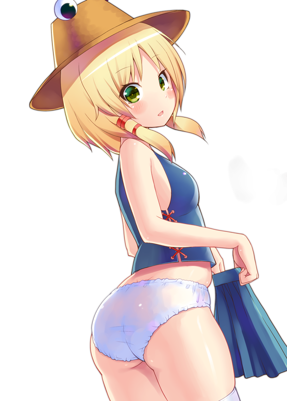 alcohol_(coldfront) ass bad_id bad_pixiv_id bare_shoulders blonde_hair blush flat_chest from_behind green_eyes hair_ornament hat looking_at_viewer midriff moriya_suwako no_pants open_mouth panties pleated_skirt short_hair skirt skirt_removed solo thighhighs touhou twintails underwear white_background white_legwear white_panties