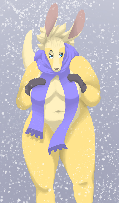 blue_eyes chubby convenient_censorship female frank frank_westerveldt kangaroo mammal marsupial outside ritts scarf snow snowing solo wide_hips