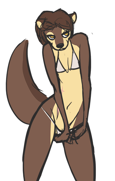 bikini brown_hair clothed clothing cute female hair hands_between_legs mammal mik mikhaila mustelid navel otter ritts scar sketch skimpy solo standing swimsuit tight_clothing yellow_eyes