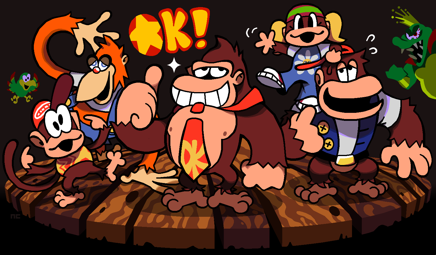 2021 3_toes 4_fingers anthro ape avian bare_chest baseball_cap beak bird black_background blonde_hair blue_clothing blue_eyes blue_topwear blue_vest brown_body brown_fur chunky_kong clothing cross-eyed crown diddy_kong digital_drawing_(artwork) digital_media_(artwork) donkey_kong_(character) donkey_kong_(series) donkey_kong_64 english_text feathers feet female fingers floor fur gesture gorilla green_body green_feathers group hair haplorhine hat headgear headwear holding_another king_k._rool kremling lanky_kong looking_at_viewer male mammal monkey mostly_nude necktie necktie_only nicommunism nintendo nipples open_mouth orange_body orange_fur parrot pointing pointing_at_self primate red_baseball_cap red_clothing red_headwear red_necktie red_nose scalie sharp_teeth simple_background sparkles squawks_the_parrot sweatdrop_(iconography) teeth text thumbs_up tiny_kong toes topwear twintails_(hairstyle) vest waving waving_at_viewer wood wood_floor wooden_board yellow_beak yellow_button