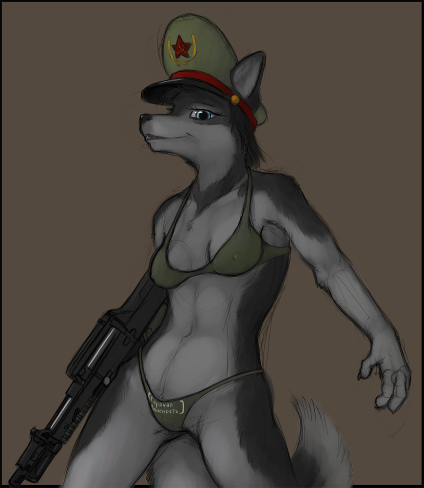 bikini blue_eyes canine clothed clothing dog female gun hammer_and_sickle hat husky ipoke mammal military ranged_weapon sketch skimpy solo soviet swimsuit weapon