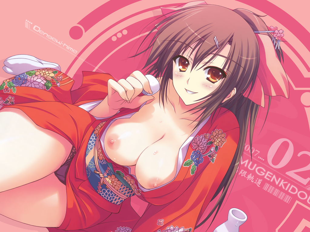 areolae black_panties blush bow breasts breasts_outside brown_eyes brown_hair cleavage copyright_request hair_ribbon japanese_clothes kimono large_breasts long_hair nipples open_clothes open_kimono panties ponytail red red_background ribbon smile solo tabi tomose_shunsaku underwear wallpaper